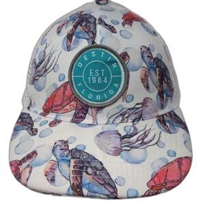 Lucky 7 Trucker Hat White Blue OS Destin Florida Sea Turtle Jellyfish Mesh Print